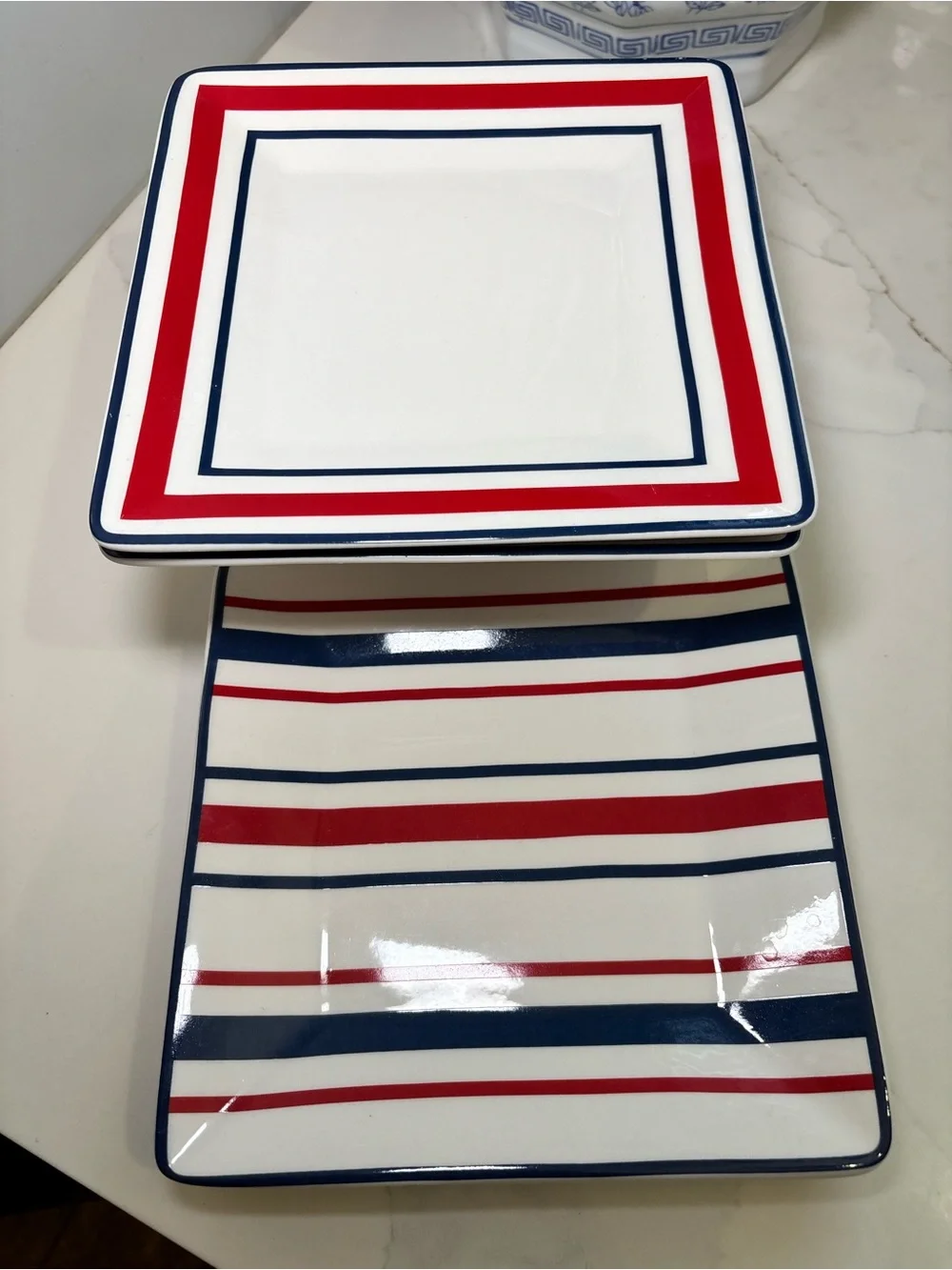 Tommy Hilfiger Square Appetizer 4 Plate Set Red White Blue Striped Ceramic 7”